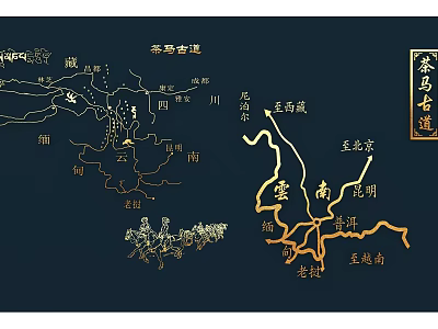 Traditional Tea Horse Road Map Wall Decor With Golden Routes And Historic Landmarks 3d model