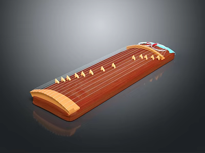 Traditional Wooden Chinese Zither Musical Instrument With Brown Strings And Bridges 3d model