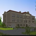 Two Story Detached Villa With Beige Exterior Red Roof Front Steps And Green Lawn