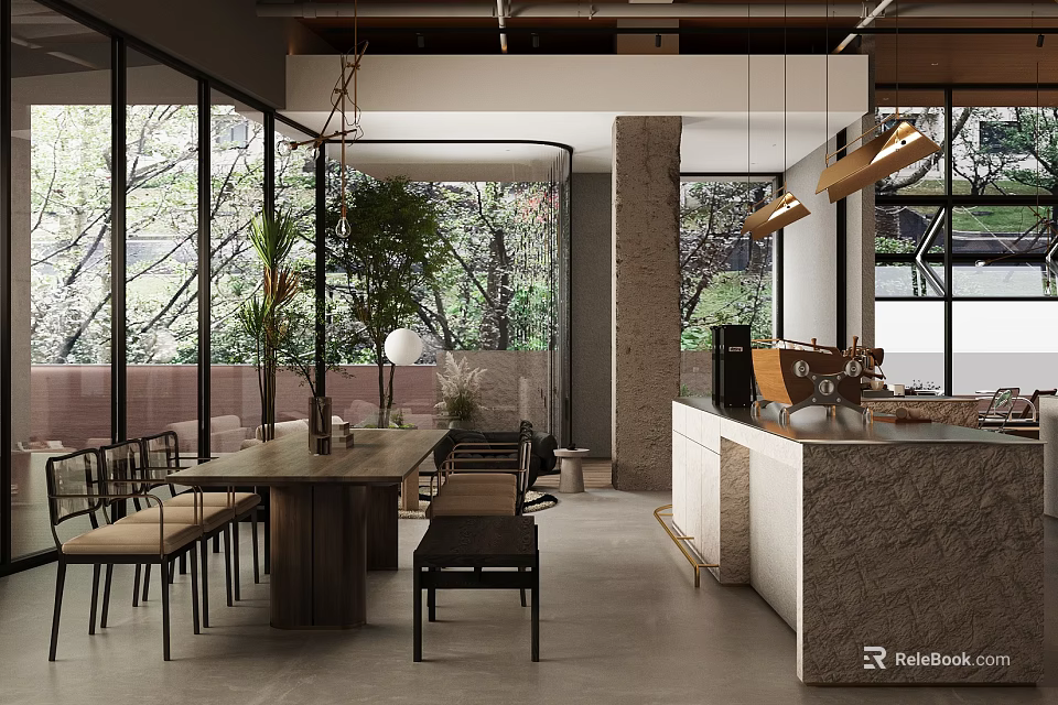 Modern Cafe Interior With Large Windows Natural Light Plants Wooden Tables And Marble Bar Counter 3d model 