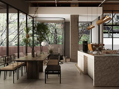 Modern Cafe Interior With Large Windows Natural Light Plants Wooden Tables And Marble Bar Counter 3d model