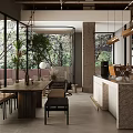 Modern Cafe Interior With Large Windows Natural Light Plants Wooden Tables And Marble Bar Counter