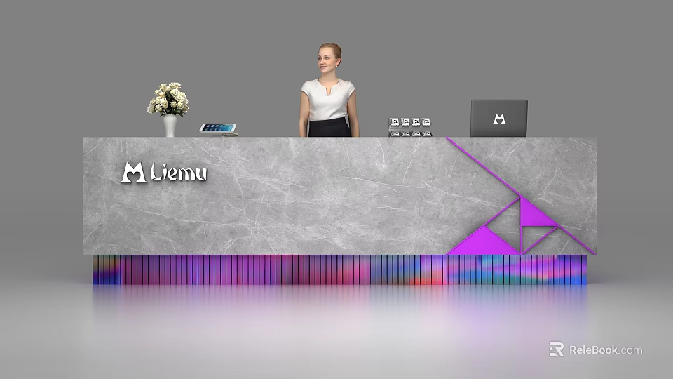 Liemu Modern Reception Desk With Marble Surface Purple Geometric Design Colorful Stripes And Receptionist 3d model 