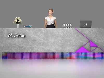 Liemu Modern Reception Desk With Marble Surface Purple Geometric Design Colorful Stripes And Receptionist 3d model