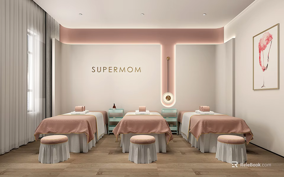 Relaxing SPA Room with Three Massage Beds Pink Sheets White Stools Light Walls Wooden Floors 3d model 