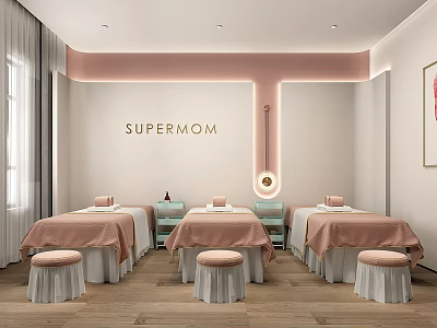 Relaxing SPA Room with Three Massage Beds Pink Sheets White Stools Light Walls Wooden Floors 3d model