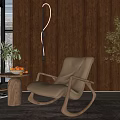Beige Leather Rocking Chair With Wooden Wall Floor Lamp Potted Plant And Snowy Window View