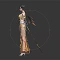 Traditional Female Character In Orange Yellow Leaf Skirt With Ribbons And Butterfly