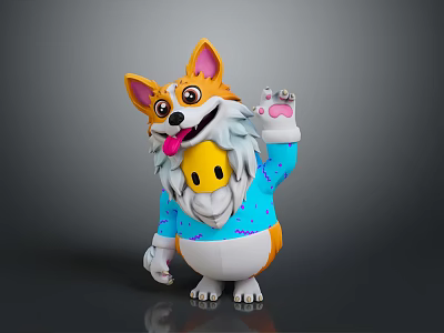 Cute Corgi Game Movie Character Wearing Blue Sweater With Yellow Smiley Pattern Sticking Tongue Out 3d model