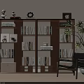 Elegant Wooden Bookshelf with Layered Shelves Books Decorations and Drawers beside Chair and Green Plant