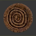 Wooden Desk With Decorative Copper Spiral Pattern Plate On Surface