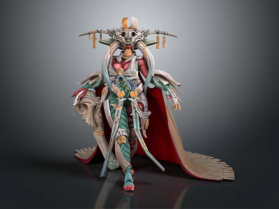 Mythical Warrior With Ornate Armor Golden Headdress Red Cape Green Gold Details and Weapon 3d model