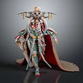 Mythical Warrior With Ornate Armor Golden Headdress Red Cape Green Gold Details and Weapon