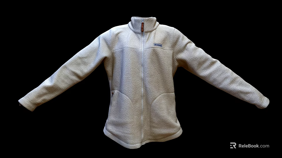 White Fleece Jacket With Zippered Front Stand Up Collar And Long Sleeves 3d model 