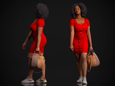 Stylish Black Woman In Red Dress With Beige Handbag And White Sneakers 3d model