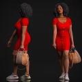 Stylish Black Woman In Red Dress With Beige Handbag And White Sneakers