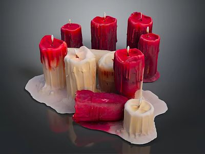 Red and Cream Melted Candles With Irregular Shapes and Wax Drips on Base 3d model