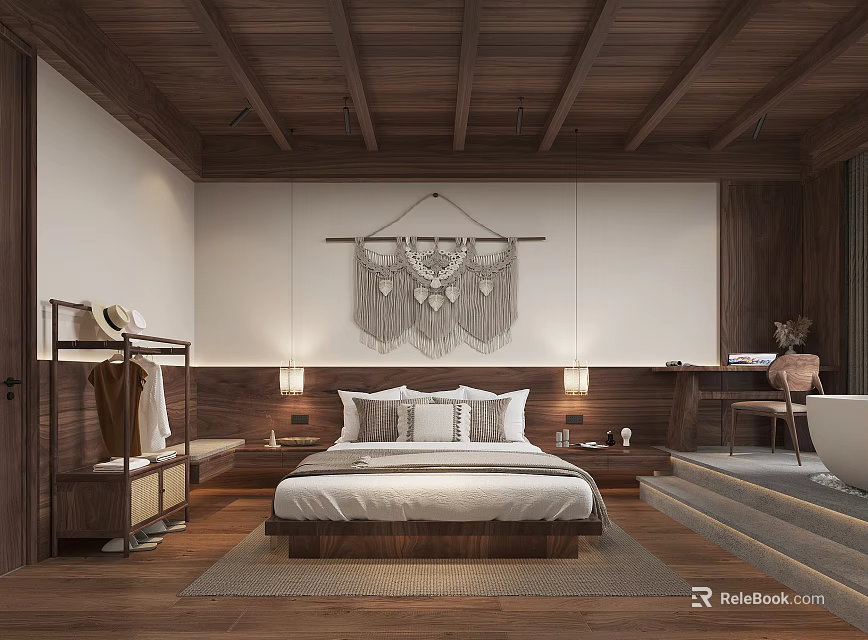 Hotel Room Interior With Wooden Ceiling Bedside Lamps And Macramé Wall Hanging 3d model 