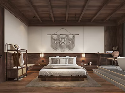 Hotel Room Interior With Wooden Ceiling Bedside Lamps And Macramé Wall Hanging 3d model