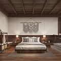 Hotel Room Interior With Wooden Ceiling Bedside Lamps And Macramé Wall Hanging