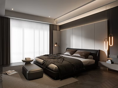 Modern Bedroom Interior with Dark Headboard Large Bed Floor to Ceiling Windows and Pendant Lights 3d model