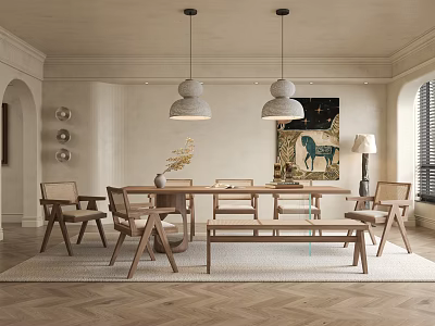 Cozy Restaurant Interior With Wooden Dining Table Chairs Bench Pendant Lights Herringbone Floor Shutter Windows 3d model