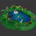 Water Fountain Pond with Swan Boat Colorful Animals Flowers and Green Grass