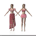 Two 3D Female Characters With Pink Tops Red Long Skirt And Pink Short Skirt