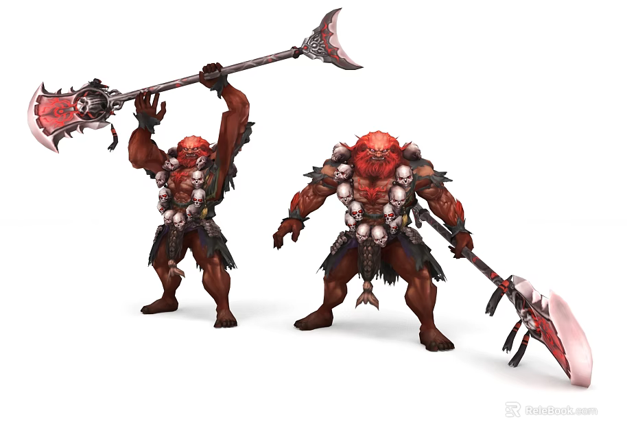 Red Skinned Muscular Game Movie Characters With Large Axes And Spiked Battle Gear 3d model 
