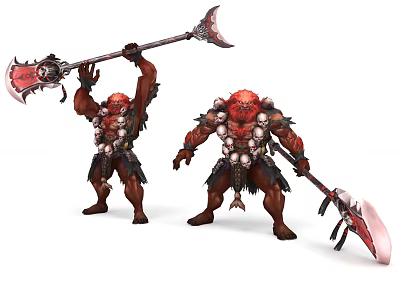 Red Skinned Muscular Game Movie Characters With Large Axes And Spiked Battle Gear 3d model