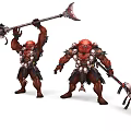 Red Skinned Muscular Game Movie Characters With Large Axes And Spiked Battle Gear