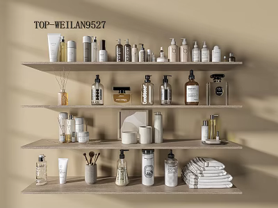 Perfumes and Cosmetics Displayed on Shelves With Various Bottles Jars and Towels 3d model
