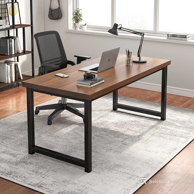 Modern Office Desk With Wooden Top Black Metal Frame Laptop Lamp And Books 3d model 