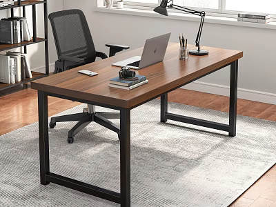 Modern Office Desk With Wooden Top Black Metal Frame Laptop Lamp And Books 3d model