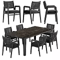 Modern Dark Marble Dining Table Set With Six Black Woven Backrest Chairs