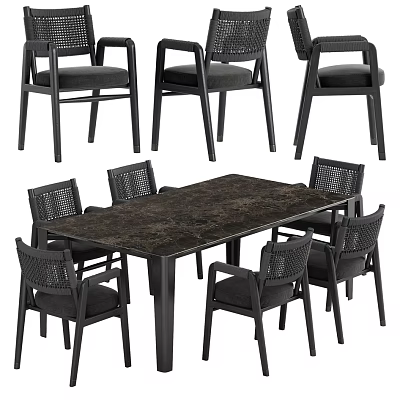 Modern Dark Marble Dining Table Set With Six Black Woven Backrest Chairs 3d model