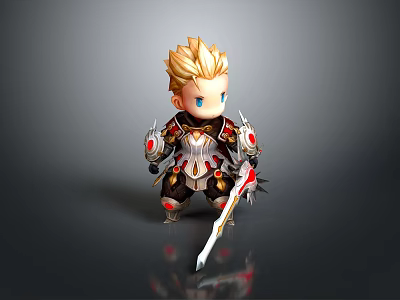 Chibi Warrior Character With Blonde Hair Blue Eyes Red Gold Armor Holding Sword 3d model