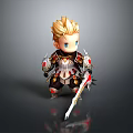 Chibi Warrior Character With Blonde Hair Blue Eyes Red Gold Armor Holding Sword