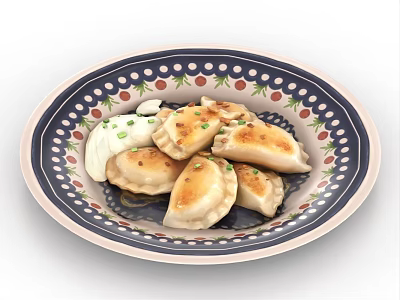 Crispy Fried Dumplings Served On Decorative Plate With White Sauce And Green Onions 3d model