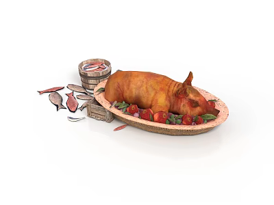 Delicious Roasted Pig Platter With Fresh Vegetables Sauce Bucket And Cutlery 3d model