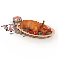 Delicious Roasted Pig Platter With Fresh Vegetables Sauce Bucket And Cutlery