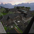 Traditional Chinese Homestay Architecture with Black Tile Roofs Mountain View and Outdoor Courtyard Seating