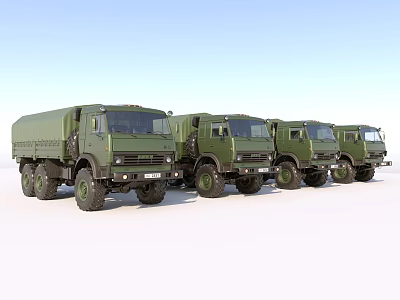Four Green Military Functional Trucks Parked In A Row With Blue Sky Background 3d model