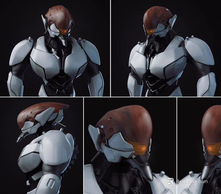Industrial Equipment Mechanical Humanoid Multi Angle Display With White Black Armor And Orange Head Accents 3d model 