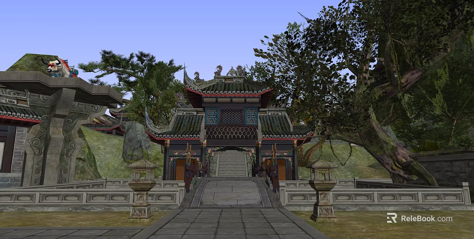 Traditional Ancient Chinese Architecture With Ornate Eaves Stone Steps And Surrounding Trees 3d model 