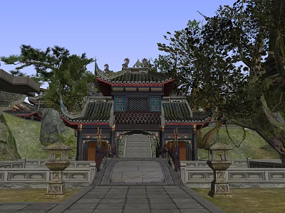 Traditional Ancient Chinese Architecture With Ornate Eaves Stone Steps And Surrounding Trees 3d model