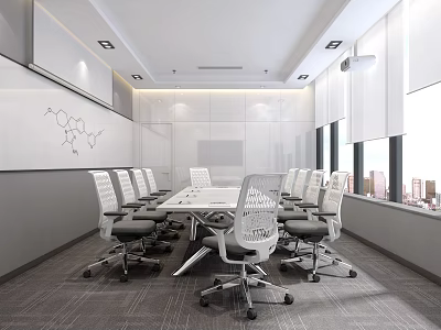Modern Conference Room Interior With Long Table White Chairs Whiteboard And City View Windows 3d model