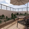 Elegant Villa Balcony Design Featuring Tiled Roof Outdoor Seating And Wooden Deck