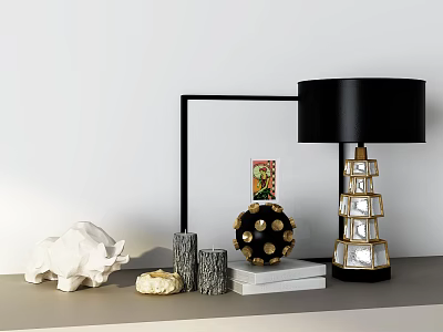 Decorative Ornament Set With Black Table Lamp Gold Dotted Sphere Gray Cylinders And White Sculpture 3d model
