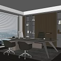 Modern Office Interior With Large Window Blinds City View Desk Bookshelf Lighting And Office Chairs